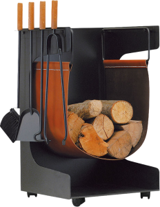 Houtbak met 4-delig haardstel en houttas op wieltjes
