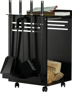 Houtbak rechthoek met 4-delig haardstel op wieltjes